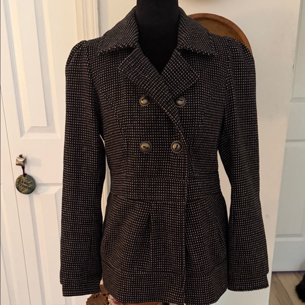 Y2K Pink Envelope Black & White Double-Breasted Peplum Pea Coat